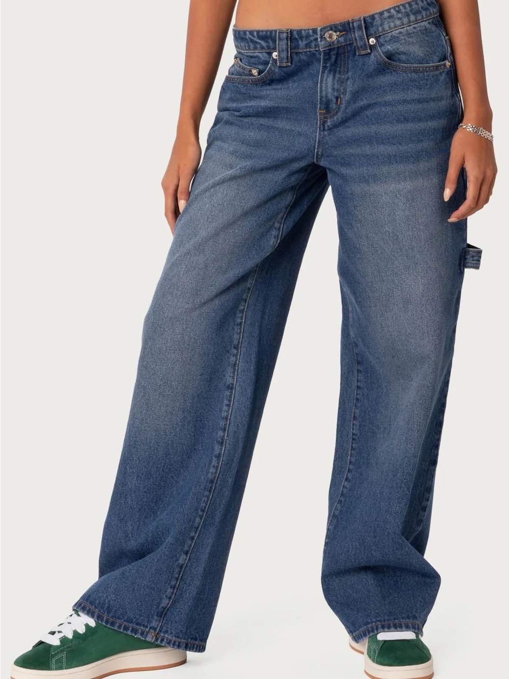 Edikted Carpenter Low Rise Baggy Jeans in Blue Wash